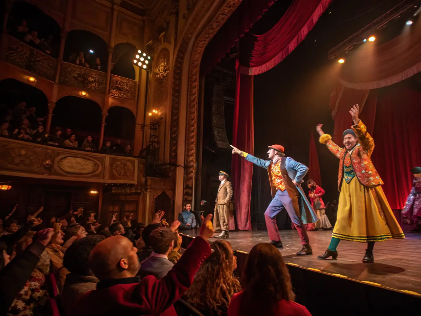 A dynamic image capturing a scene from one of LES CANTALOUPS-GAROUS' theatrical performances, featuring actors in costume and a captivated audience, highlighting the organization's commitment to bringing stories to life.