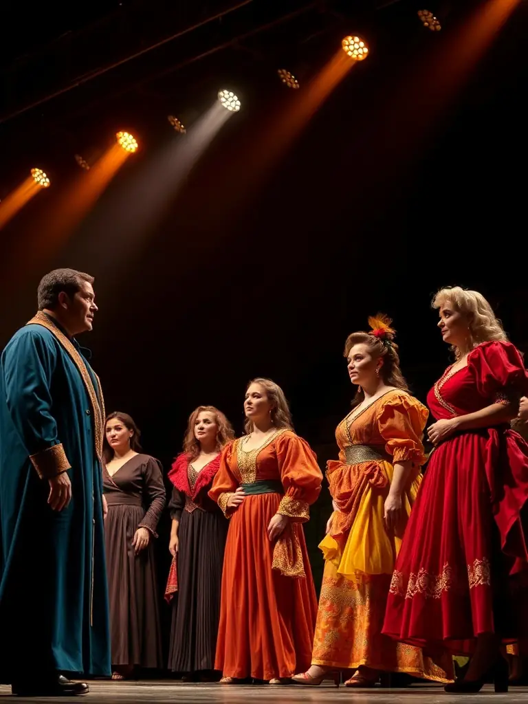 A dynamic scene from a recent performance featuring actors in elaborate costumes on a creatively decorated stage, showcasing LES CANTALOUPS-GAROUS's Theatrical Performances and Events.