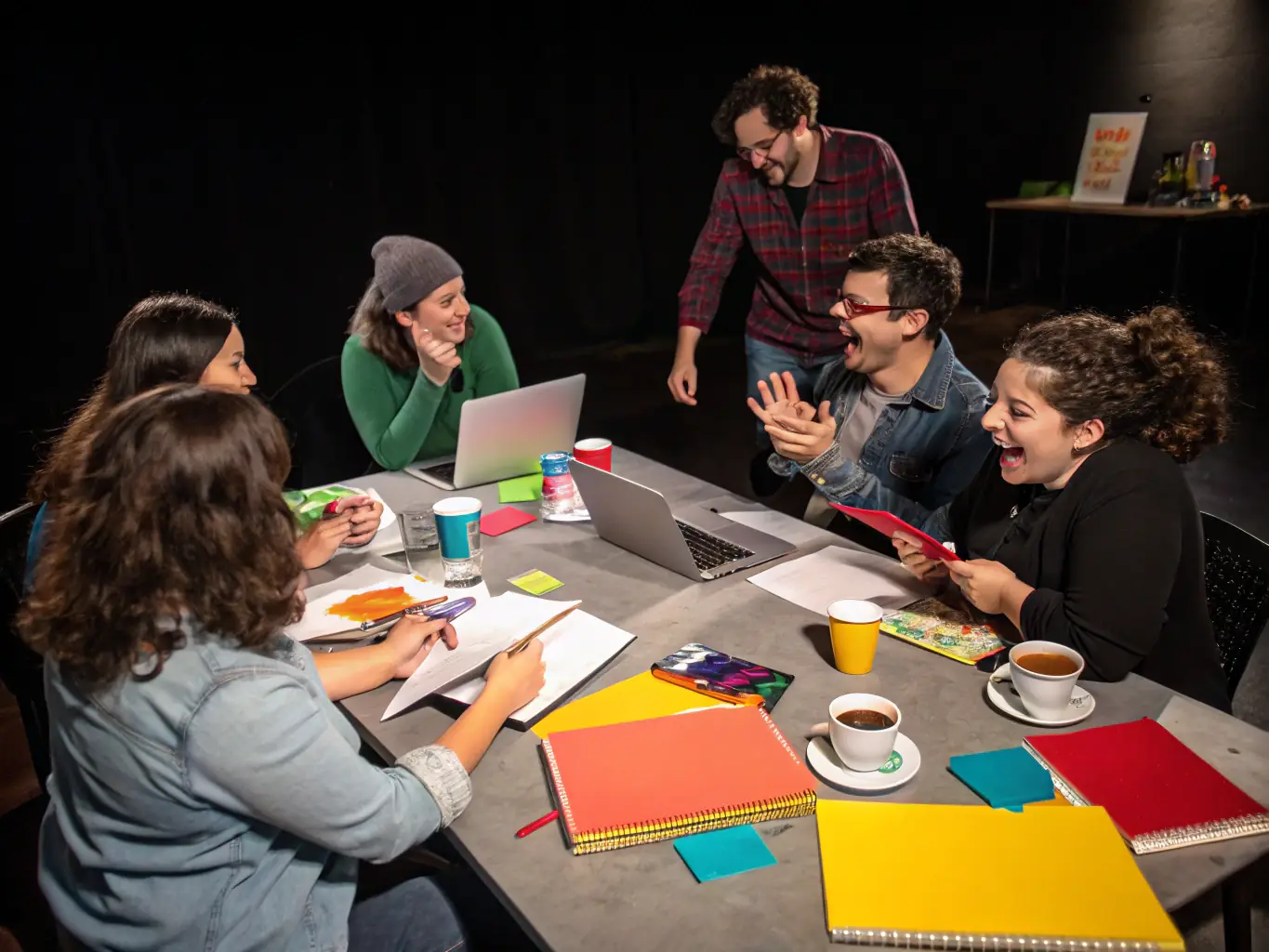 A collaborative workshop with writers and visual artists brainstorming together, surrounded by sketches and manuscripts.